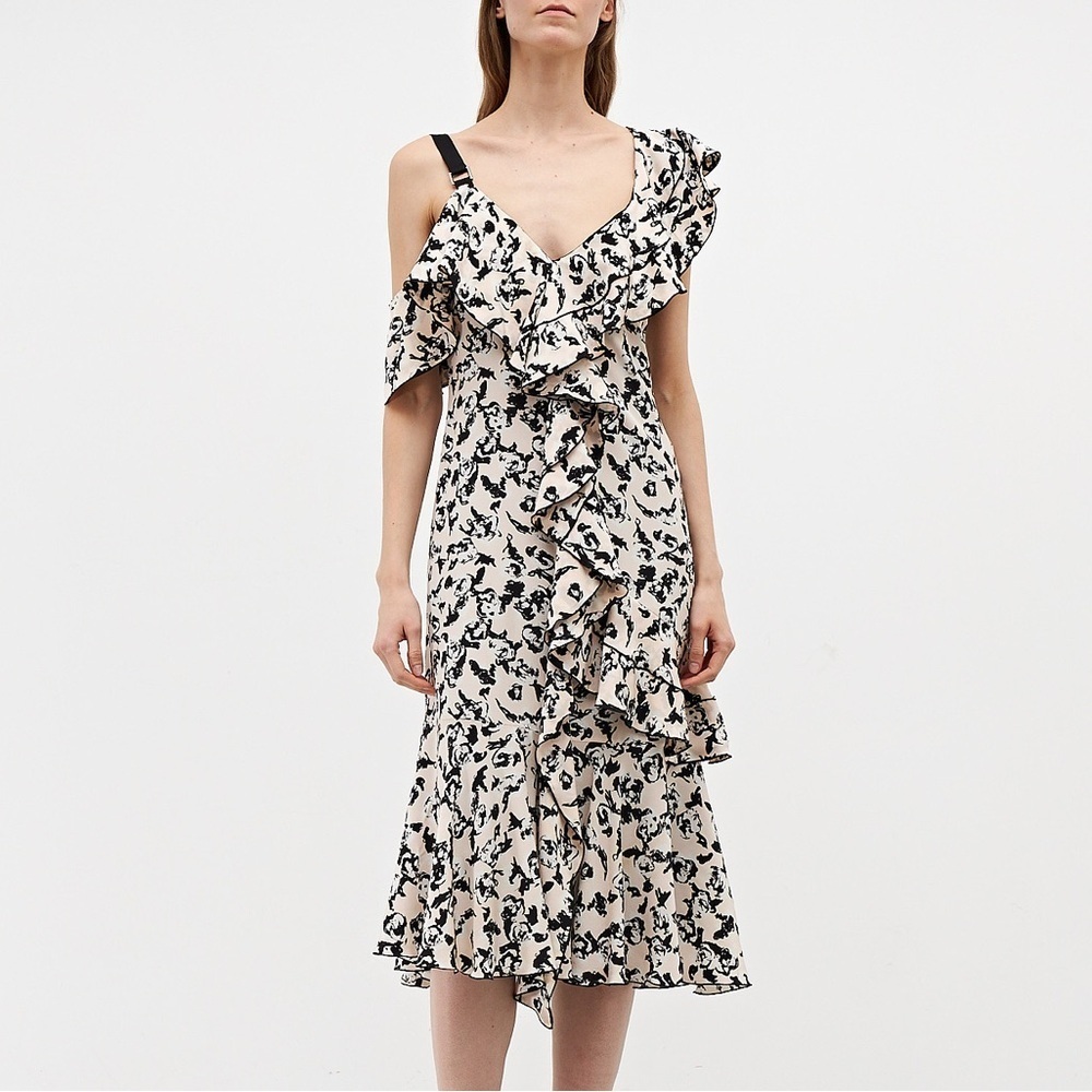 Proenza Schouler Runway Pink Floral Silk One Shoulder Midi Dress - US 4 / Small
